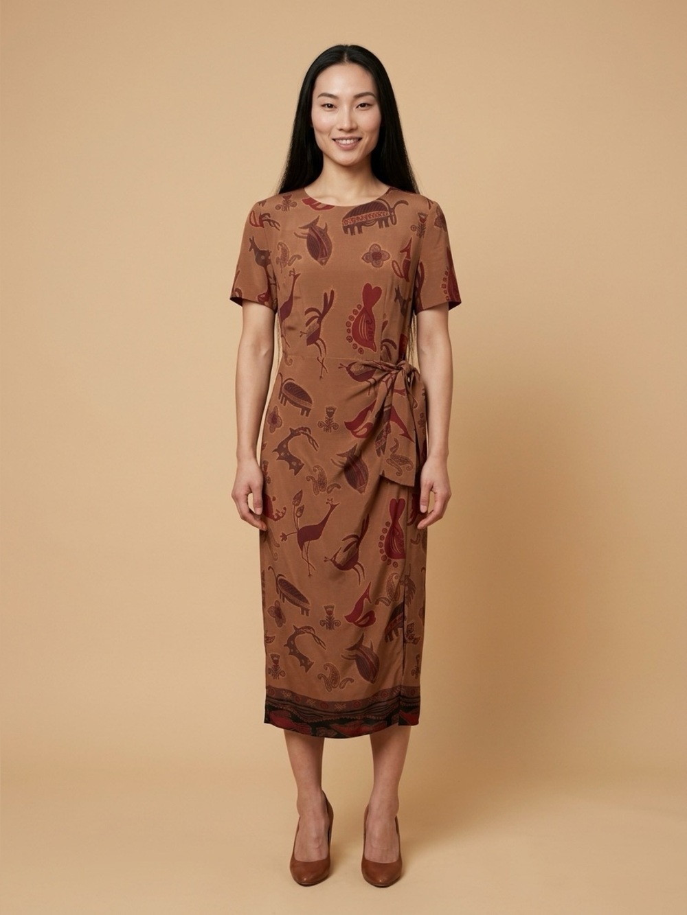 SAG HARBOR Vintage Rust Brown Graphic Print Midi Faux Wrap Dress Sz 8